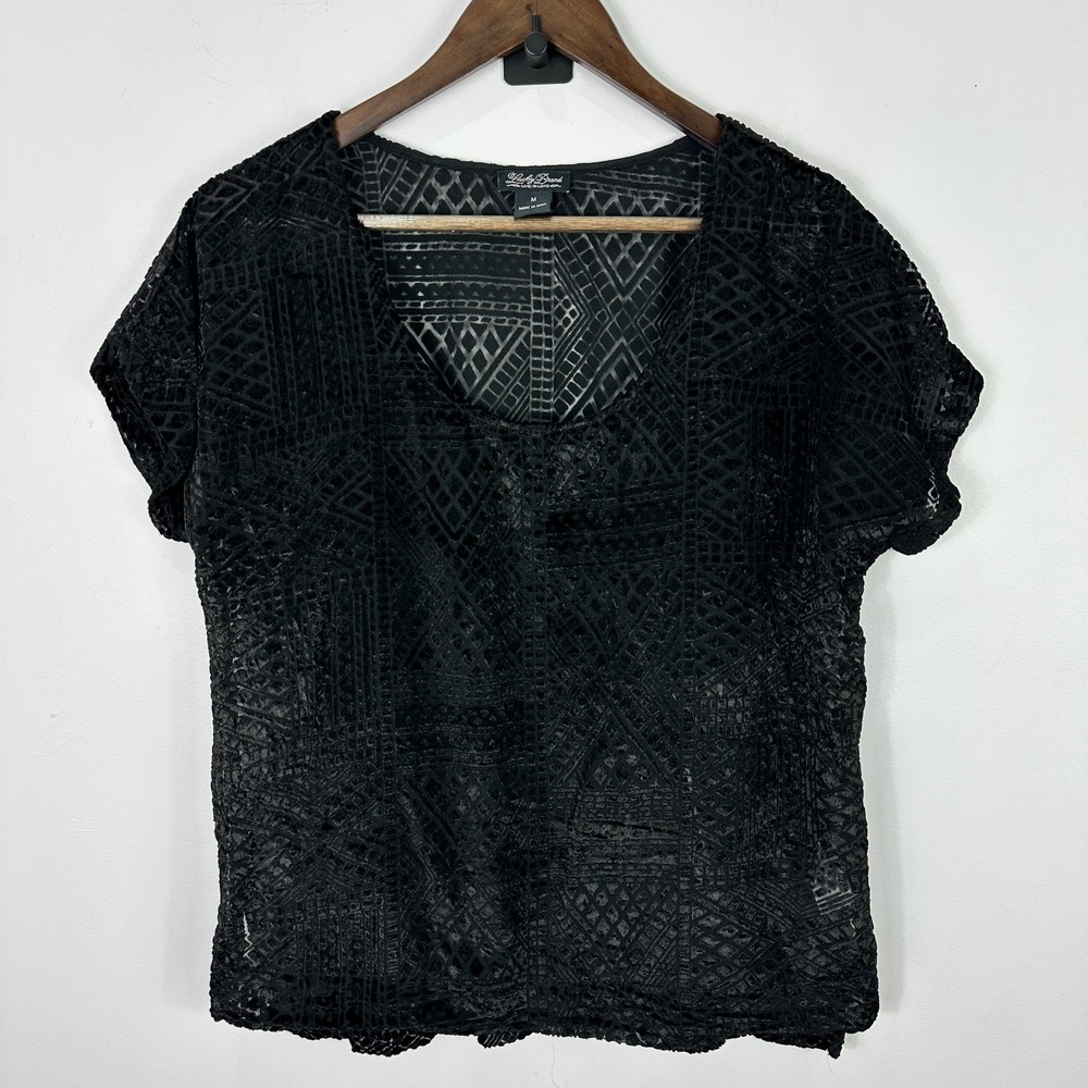 Lucky Brand Top M Black Burnout Velvet Sheer Boho Whimsigoth Witchy Festival